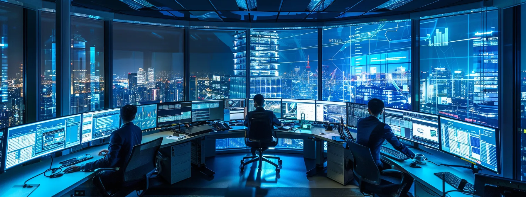 a vibrant urban office filled with modern technology, featuring sleek desks and focused professionals engaged in dynamic collaboration under sharp, fluorescent lighting.