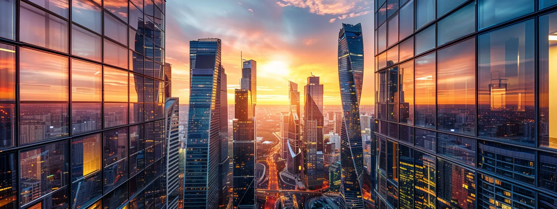 a dynamic urban skyline at sunset, showcasing innovative skyscrapers with sleek glass fa&ccedil;ades, casting dramatic reflections as bustling streets below come alive with vibrant city lights.
