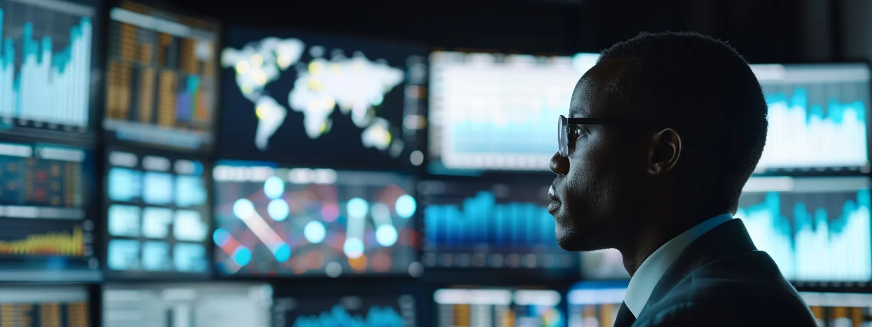 What Is Blackbox AI? Unpacking the Mystery Behind It 14 in a sleek, modern office filled with dynamic technology, a focused business professional gazes at multiple vibrant screens displaying complex data analytics, illuminated by the soft glow of ambient lighting.