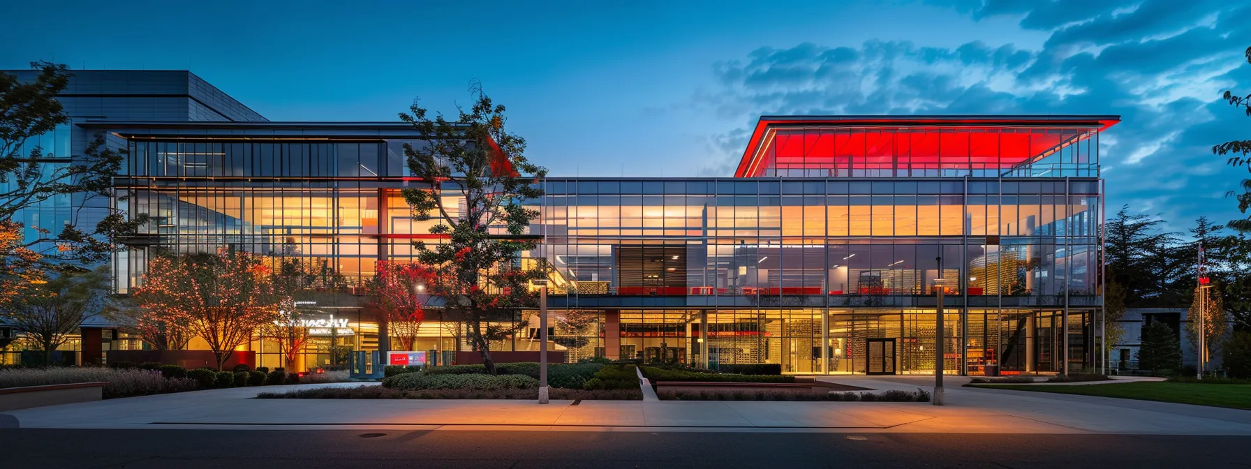 a sleek, modern office skyline at dusk, with vibrant reflections in the glass façade highlighting the dynamic energy of an innovative corporate environment.