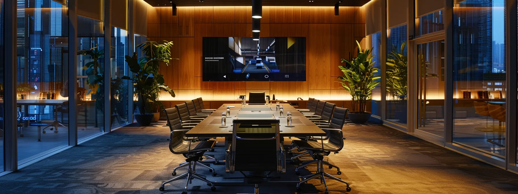 a sleek, modern office space is illuminated by soft, ambient lighting, showcasing a stylish conference table surrounded by high-backed, ergonomic chairs, emphasizing a collaborative and innovative atmosphere.