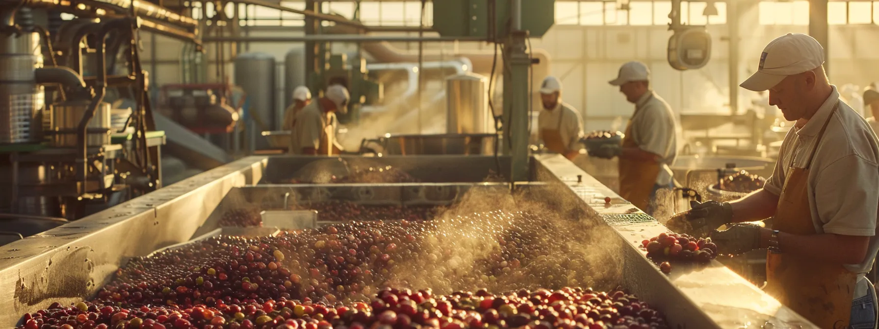 a bustling agricultural processing facility showcases workers skillfully boiling and transforming vibrant varieties of beans, including the cranberry bean, into nutritious products, highlighting the innovation and sustainability within the modern food industry.