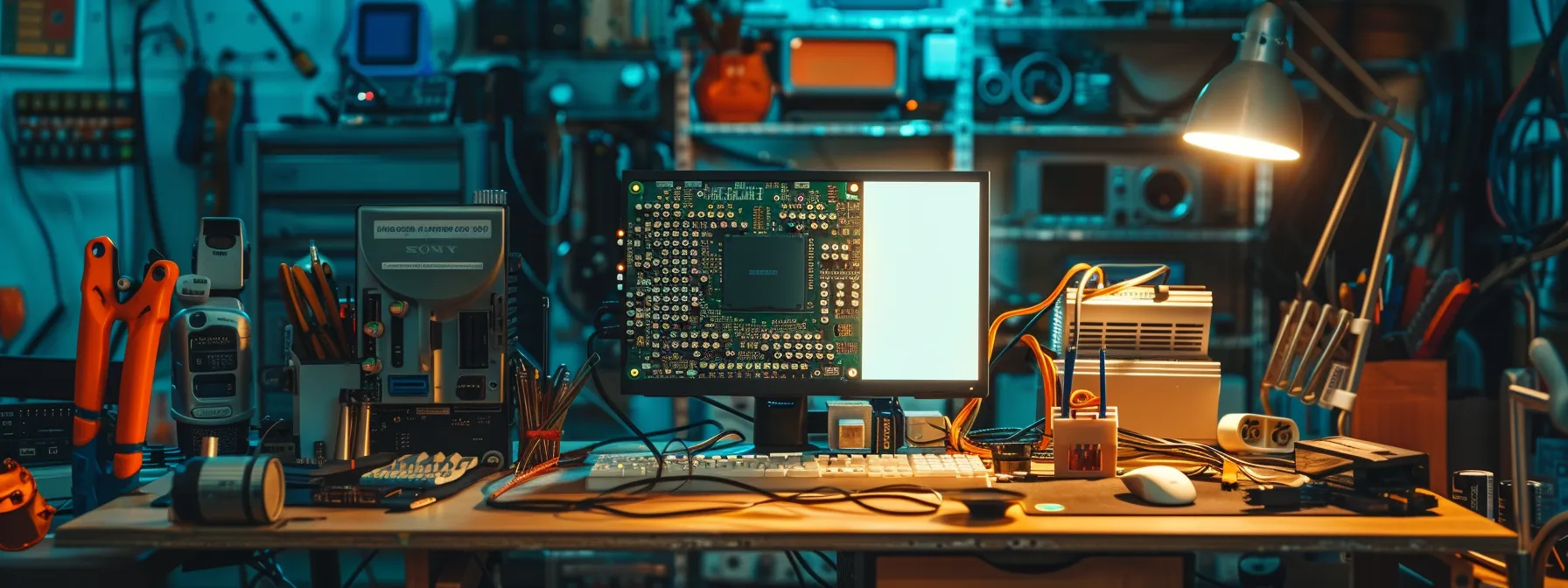 a close-up view of an illuminated desktop computer motherboard surrounded by diagnostic tools, highlighting vibrant beep code signals on an attached screen, set in a dimly lit tech repair workshop, conveying urgency in troubleshooting hardware issues.