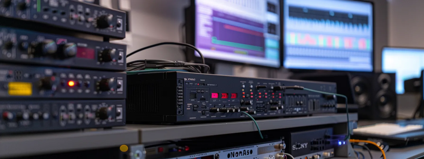 a close-up shot of a sleek baseband unit in a modern urban telecommunications office, showcasing its intricate transceiver components and processing units against a backdrop of digital displays and data visualizations.