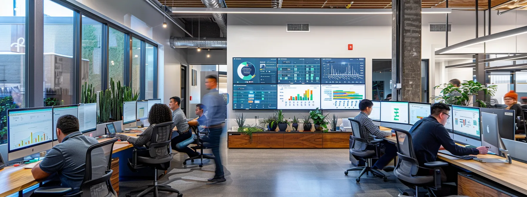 a dynamic office environment showcases a team of cybersecurity professionals engaged in real-time monitoring on multiple screens, with vibrant data visualizations illustrating user interactions and potential cyber threats, emphasizing the cutting-edge technology of behavioral analysis in action.