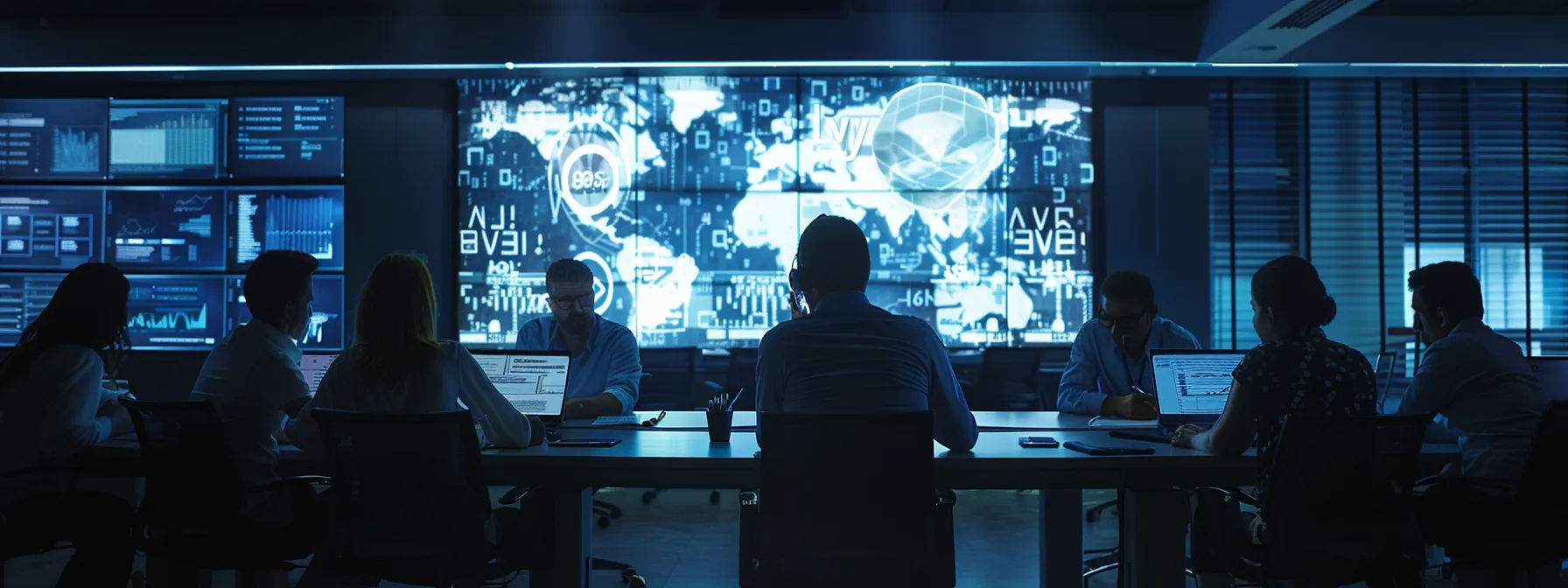 a focused office environment captures a diverse team engaged at a conference table, analyzing a large digital screen displaying suspicious email traits and spam reporting guidelines, embodying a proactive approach to cybersecurity education.