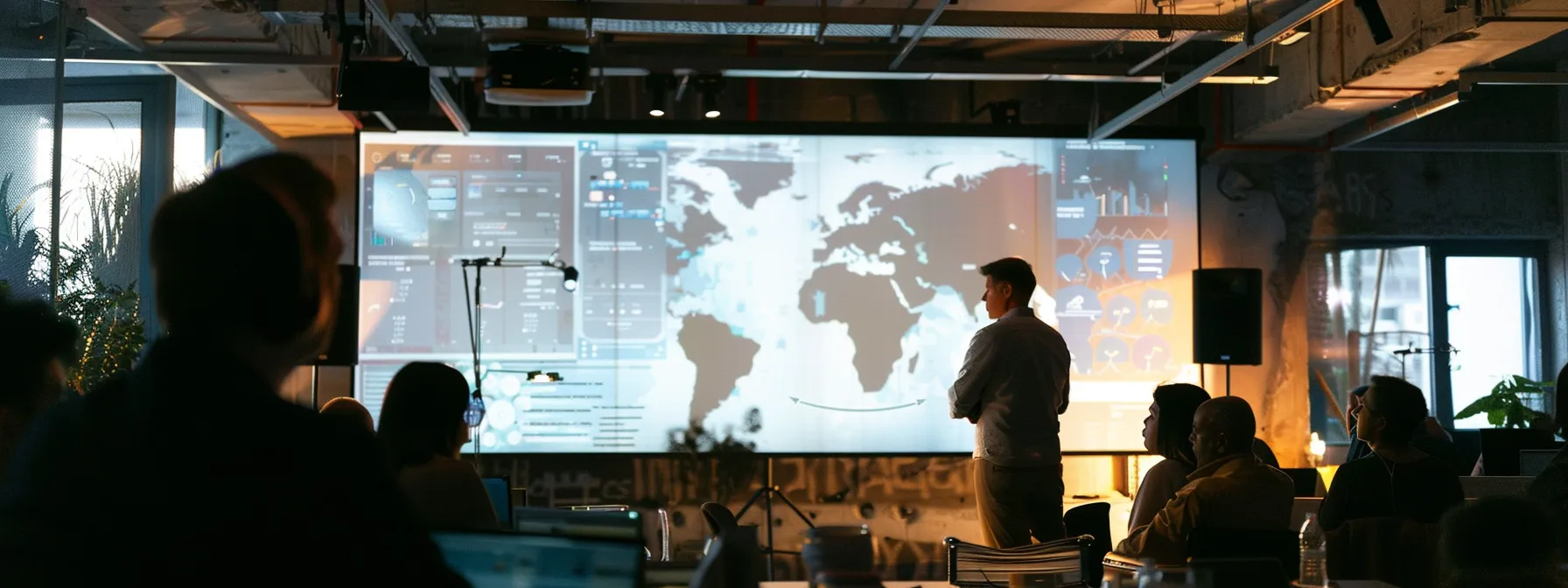 a focused office environment features a confident expert standing beside a large digital screen, passionately debunking battery life myths with vibrant infographics and engaged professionals listening attentively, illuminated by dynamic overhead lighting.