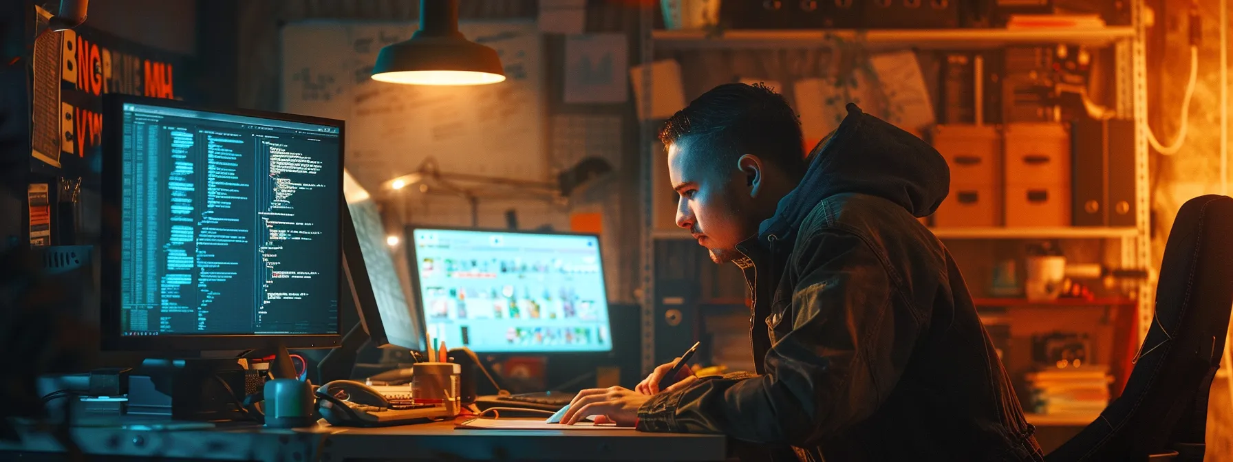 a focused programmer sits at a sleek, modern desk in a dimly lit office, intently analyzing complex code on dual monitors, with vibrant syntax highlighting showcasing the intricacies of basic assembler language against a backdrop of technical manuals and a whiteboard filled with debugging strategies.
