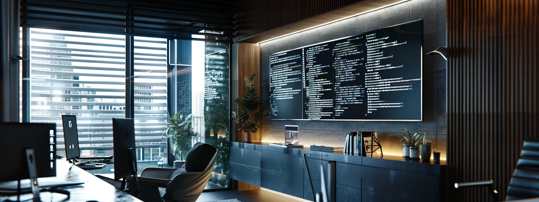 a focused urban office space showcases a sleek computer screen displaying intricate lines of basic assembler language code, surrounded by modern programming books and digital tools, emphasizing the language's contemporary relevance in technology and education.