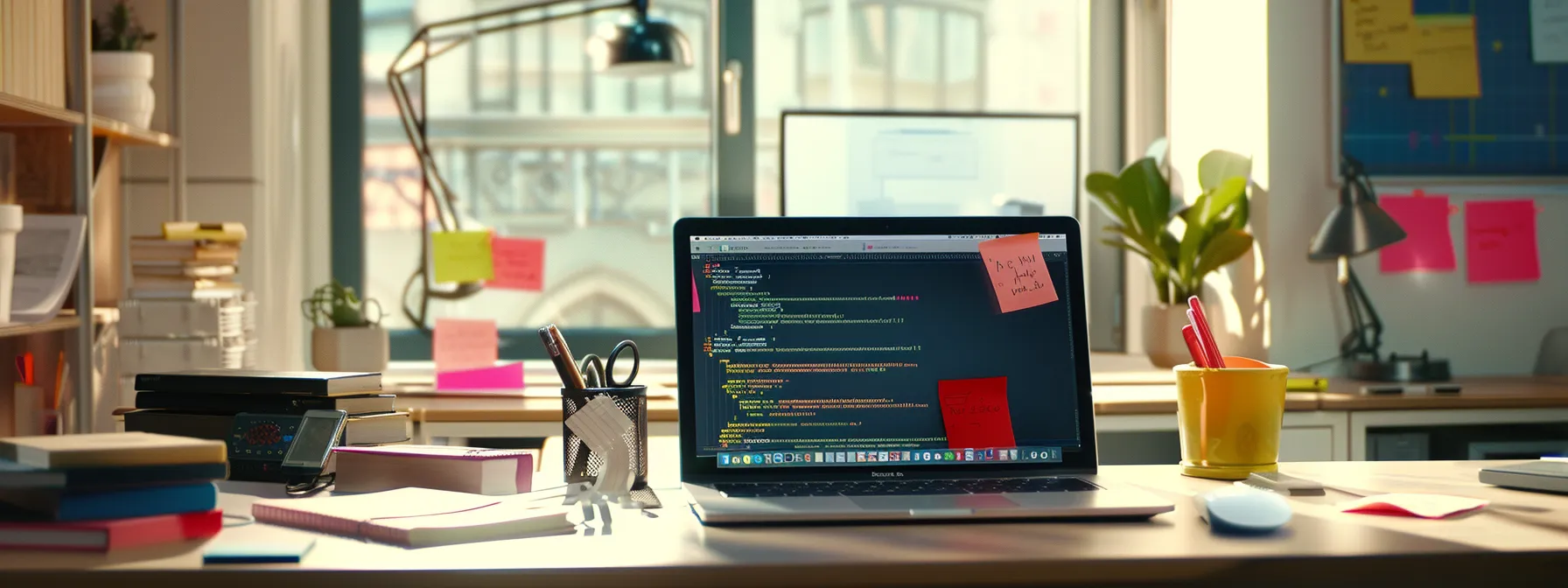 a focused workspace featuring a sleek laptop displaying bash command syntax on its screen, surrounded by open manuals and vibrant post-it notes in an organized, modern office setting.