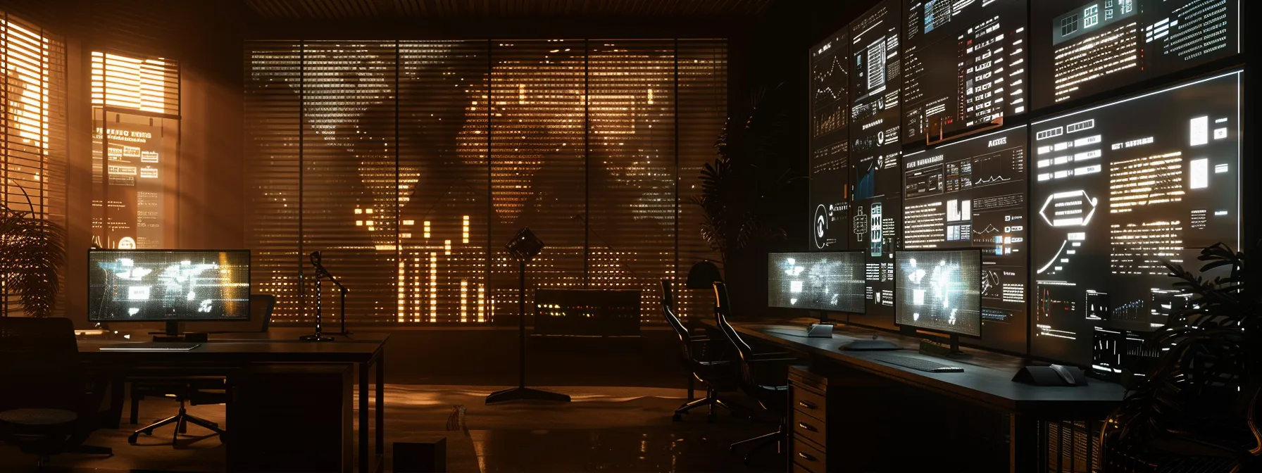 a high-tech, dimly lit office filled with multiple screens displaying dynamic data visualizations and security alerts, showcasing the future of behavior-based security through machine learning advancements in cybersecurity strategies.