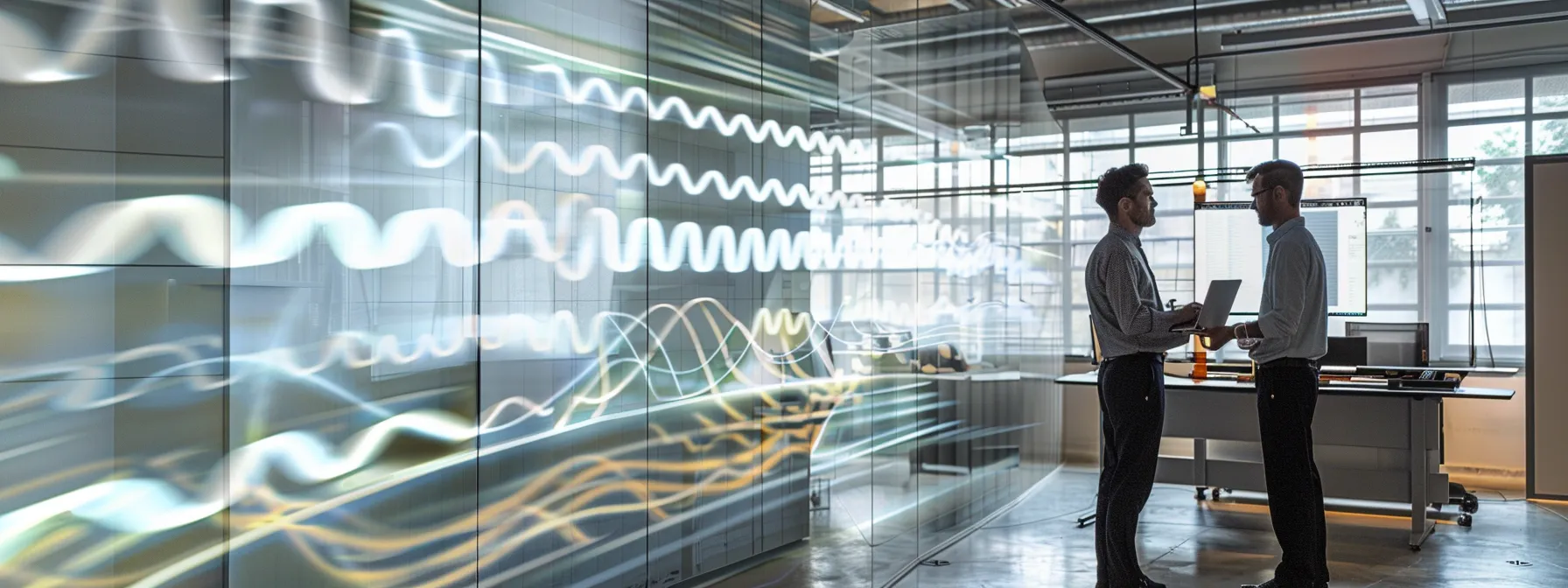 a high-tech office environment showcases a modern technician intently analyzing a sleek laptop with diagnostic equipment, surrounded by an array of visual soundwave patterns on digital screens that represent common beep code signals from various computer manufacturers.