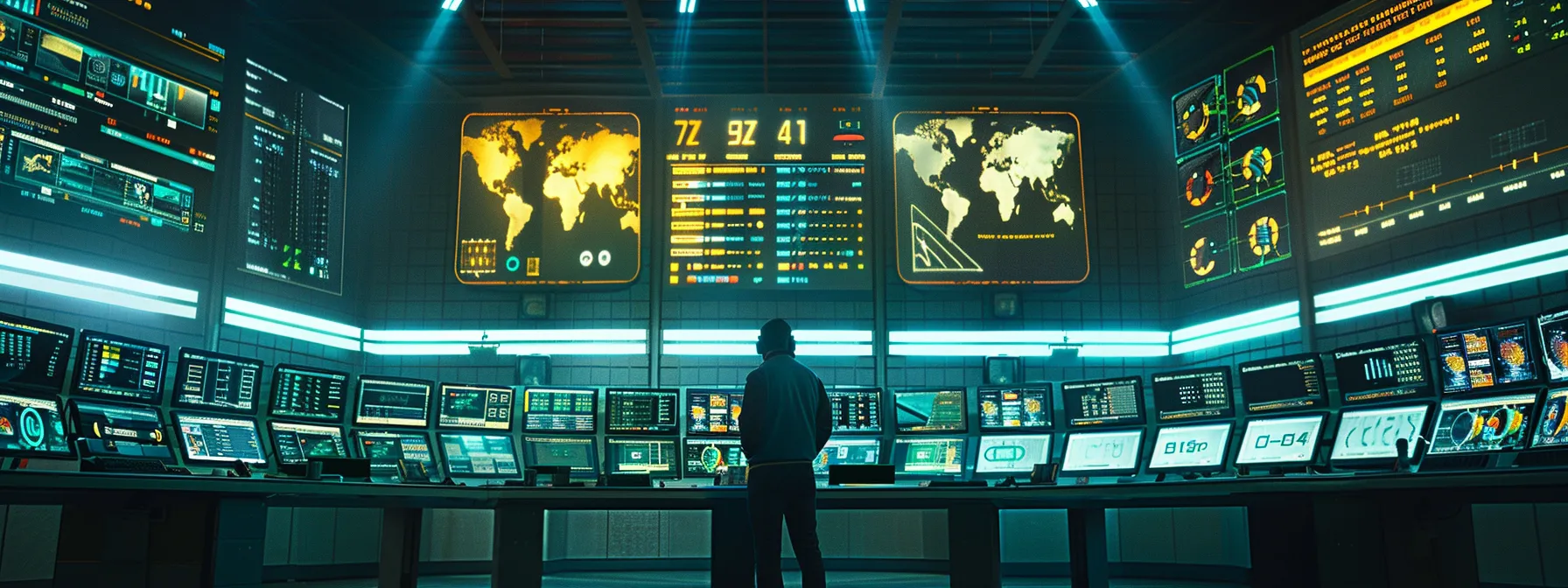 a modern control room filled with high-tech monitoring screens displaying real-time data analytics and performance metrics for base station management, illuminated by dynamic led lights to emphasize a cutting-edge technological environment.