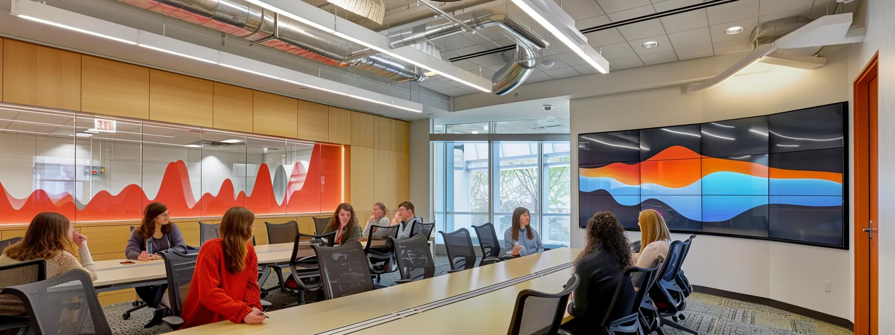 a modern office conference room features a large screen displaying a detailed bell curve graph surrounded by professionals engaged in a focused discussion, highlighting its applications in education assessments, psychological testing, and employment evaluations.