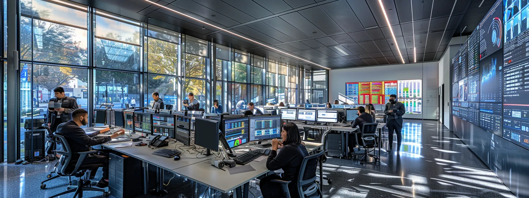 a modern office environment filled with diverse professionals analyzing data on sleek digital dashboards, surrounded by glass walls and high-tech displays, emphasizing the dynamic nature of data-driven decision-making in b2b strategies.
