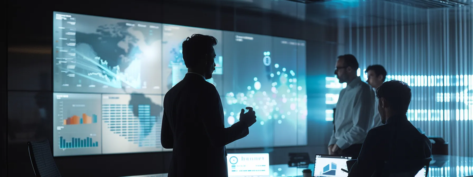 a modern office interior features a team of professionals engaged in a focused discussion around a sleek conference table, with charts and digital displays illustrating the complexities of benefits administration and the importance of data security.