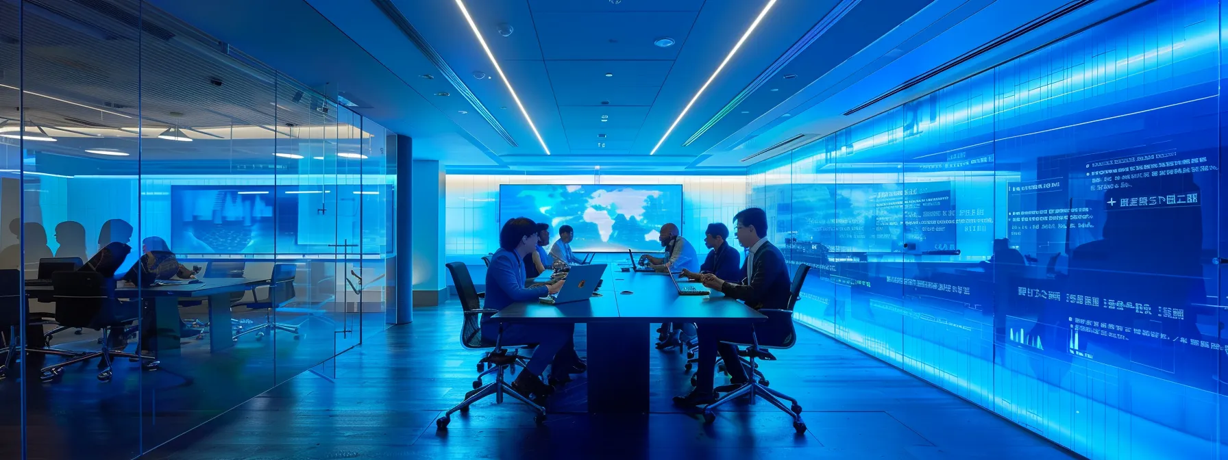 What is Behavioral Targeting? 17 a modern office meeting room, featuring a diverse group of professionals engaged in a focused discussion around a sleek conference table, with transparent screens displaying ethical data guidelines and privacy policies in a well-lit, corporate atmosphere.