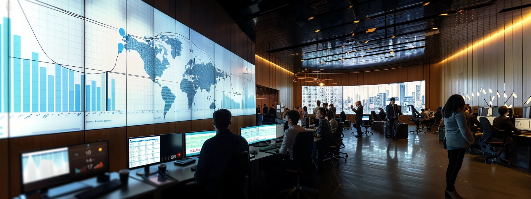 a modern office setting features a large digital screen displaying an intricate bell curve graph, surrounded by engaged professionals analyzing data insights and collaborating on statistical trends.