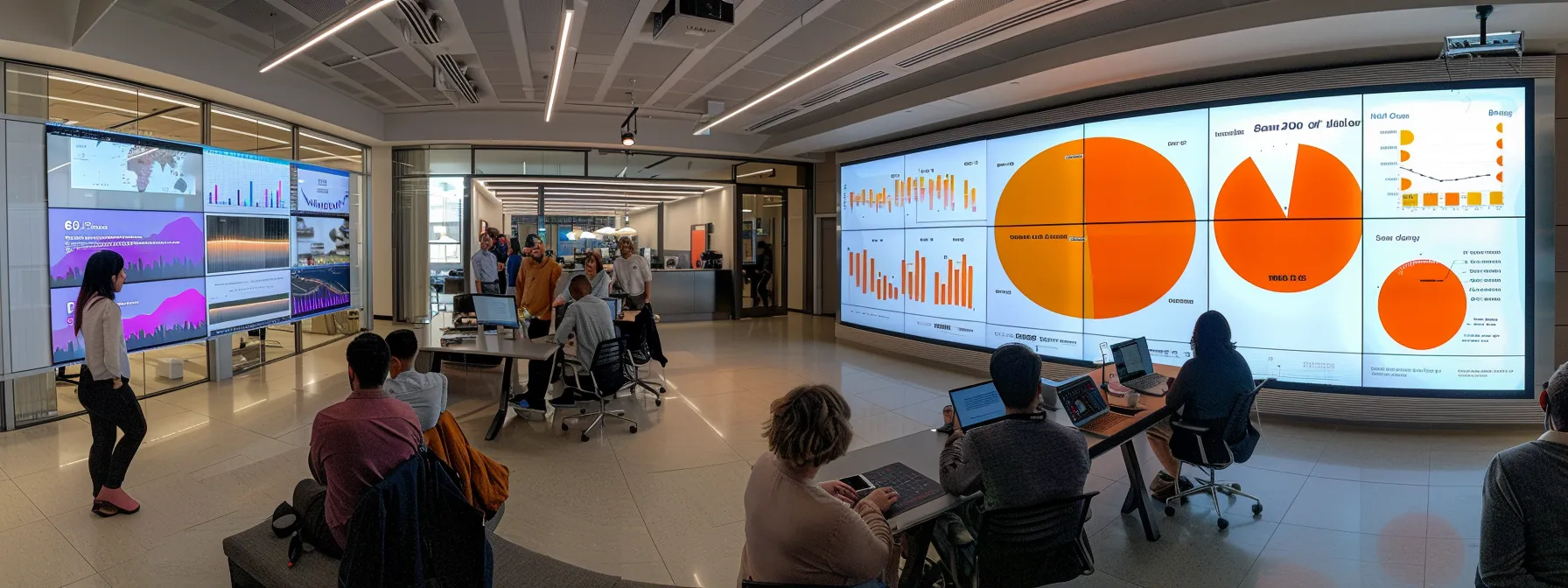 a modern office space features a diverse team engaged in a vibrant brainstorming session, surrounded by charts and digital displays showcasing b2b strategy metrics, emphasizing collaboration and adaptability in response to market trends.
