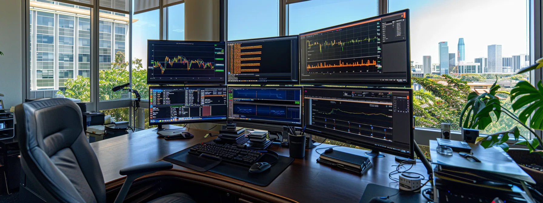 a modern office workspace features a sleek, multi-monitor setup displaying detailed graphs and comparisons of various cpu and gpu benchmarks, with a professional analyst focused on interpreting the data amidst a backdrop of high-tech equipment and tools.