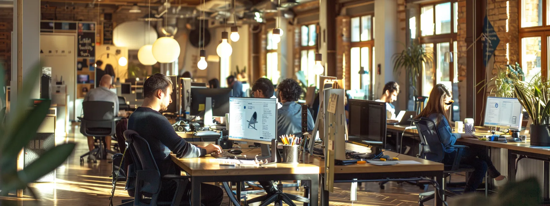 a modern office workspace is bustling with cybersecurity professionals analyzing digital graphs and charts on large monitors, focused on identifying spam trends and backscatter email threats, illuminated by cool, ambient lighting that enhances the high-tech atmosphere.