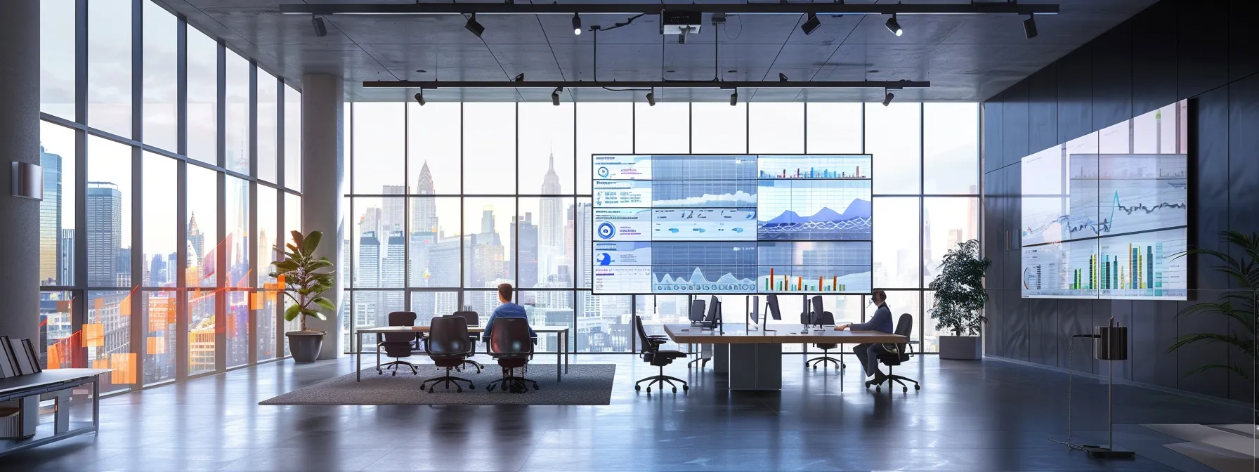 a modern urban office with large screens displaying detailed graphs and statistics of successful base station implementations, showcasing professionals engaged in lively discussions about optimizing connectivity solutions.