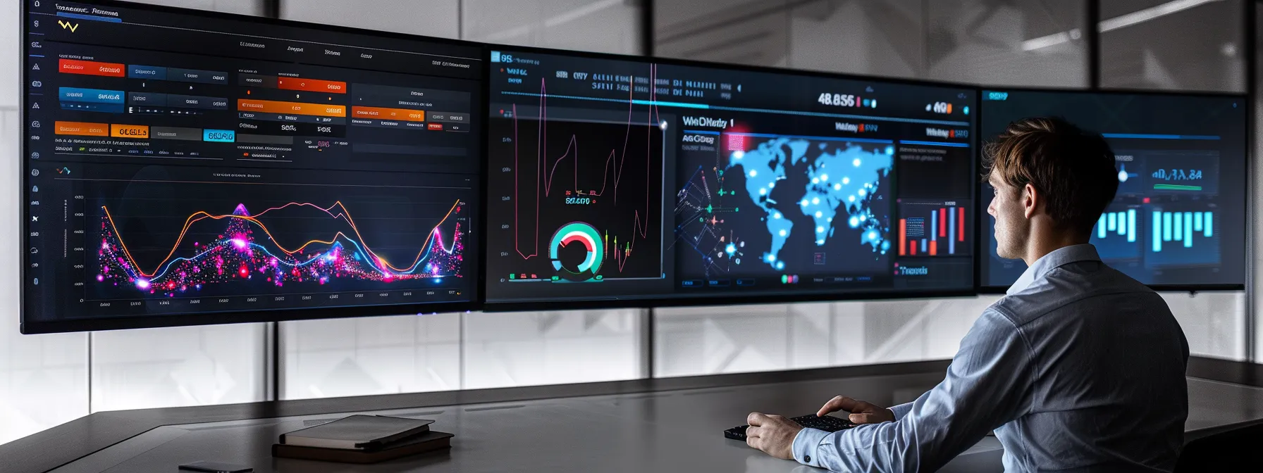 a poised analyst examines a series of dynamic charts and data projections on a sleek digital dashboard in a contemporary office, embodying the complexities of benchmarking and market fluctuations.