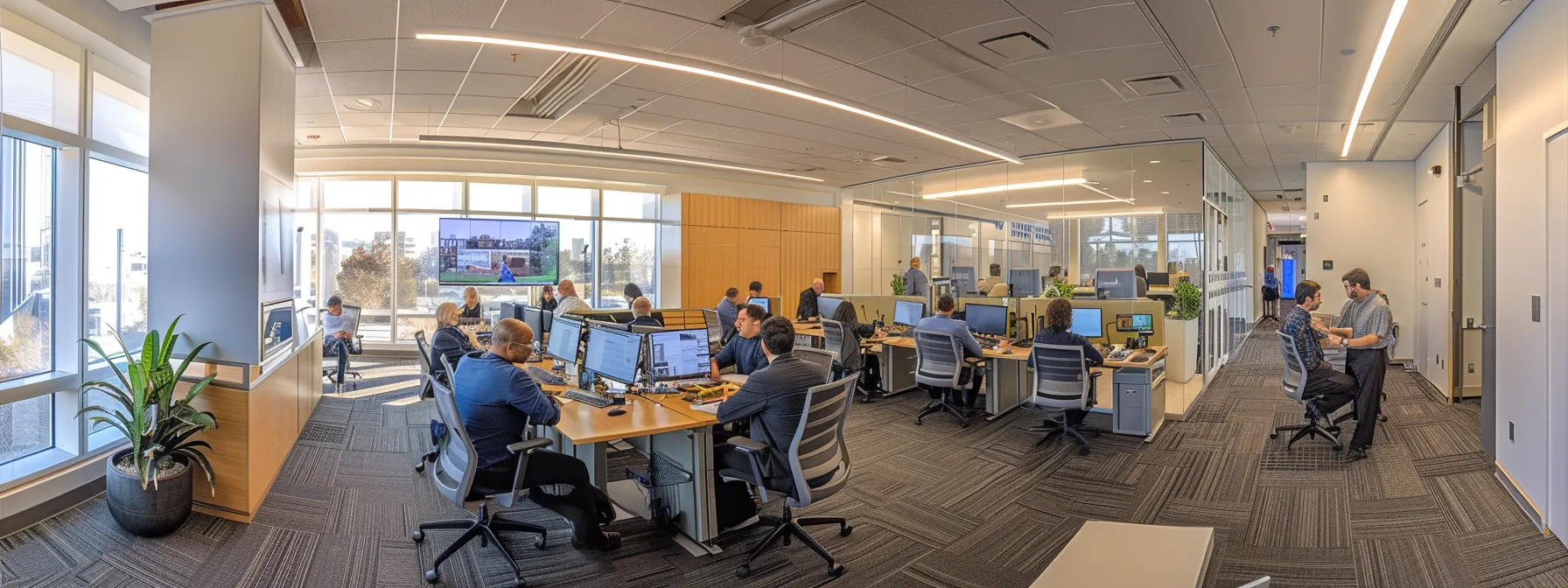 a professional office environment features a diverse team of business professionals engaged in a dynamic discussion over digital devices, symbolizing the importance of effective communication and collaboration in enhancing b2b customer service and building lasting partnerships.