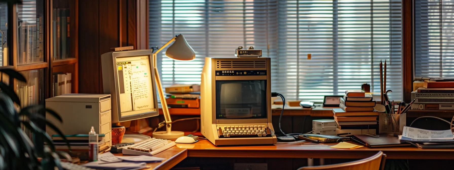 a retro computing workspace showcases an early computer terminal surrounded by technical manuals and diagrams, highlighting the pivotal advancements of basic assembler language in a dimly-lit, focused office setting.