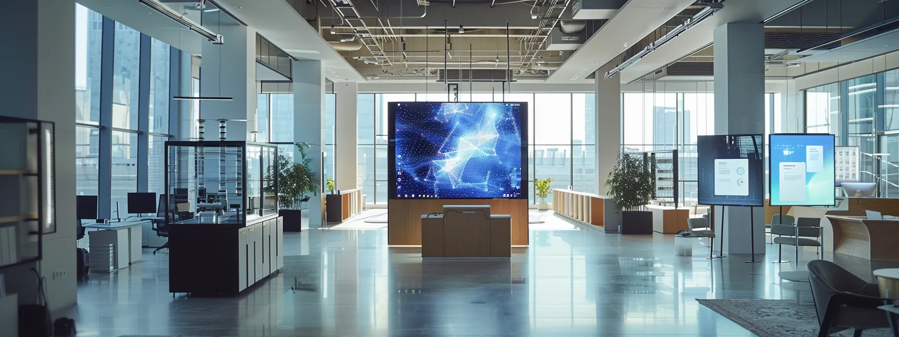a sleek, futuristic office filled with advanced base station prototypes and digital displays, showcasing the cutting-edge technology and design innovations driving next-generation 5g networks.