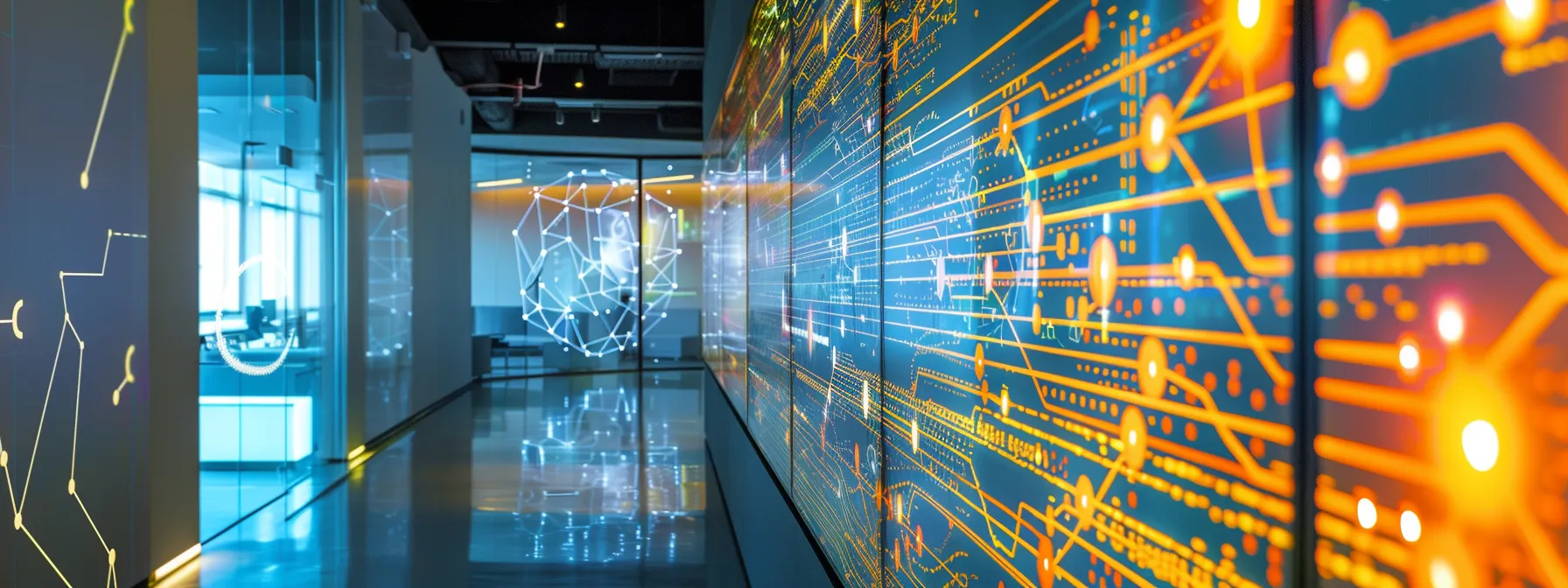 a sleek, high-tech office environment features a vibrant, illuminated digital display showcasing complex network diagrams and integrated circuit designs, emphasizing the innovative applications of baseband technology in telecommunications and modern wireless systems.