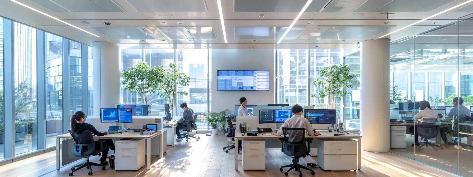 a sleek, high-tech office space featuring multiple high-definition screens displaying dynamic data and graphical representations of baseband settings, emphasizing the optimization of network configurations for enhanced signal quality and data transfer rates.