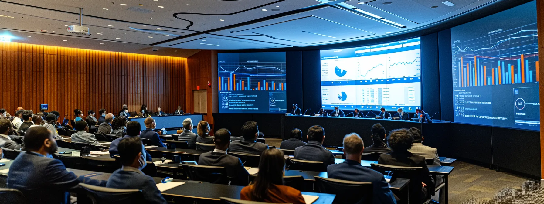 a sleek, modern conference room filled with analytical charts and digital screens, where business leaders engage in a focused discussion on b2b market trends and strategies for leveraging technology to enhance customer success.