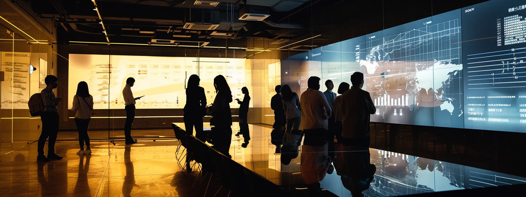 a sleek, modern office conference room is illuminated by warm, indirect lighting, featuring a large digital display showcasing a detailed infographic on baseband unit selection, while professionals engage in focused discussions around a minimalist glass table.