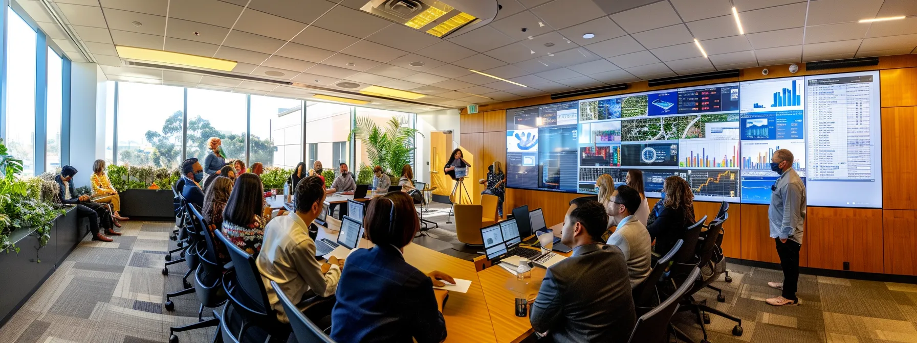 a sleek, modern office conference room filled with diverse professionals engaged in a lively discussion around a digital presentation displaying dynamic benchmarking metrics and case studies, emphasizing the critical role of data-driven performance improvement in business strategy.