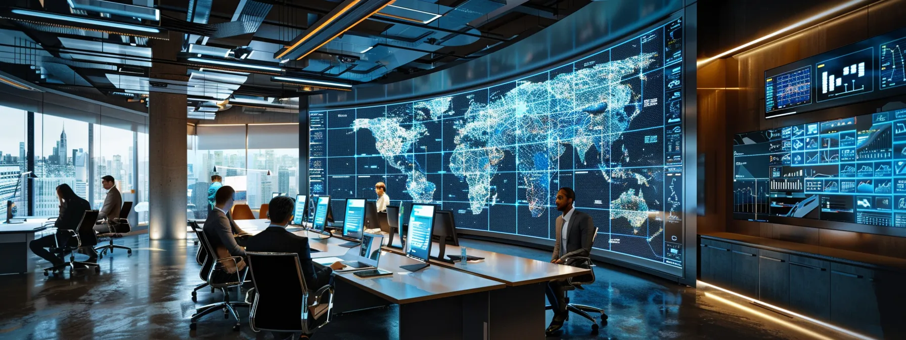 a sleek, modern office conference room bustling with professionals engaged in a dynamic discussion, surrounded by strategically placed digital screens showcasing b2b marketing strategies and analytics.