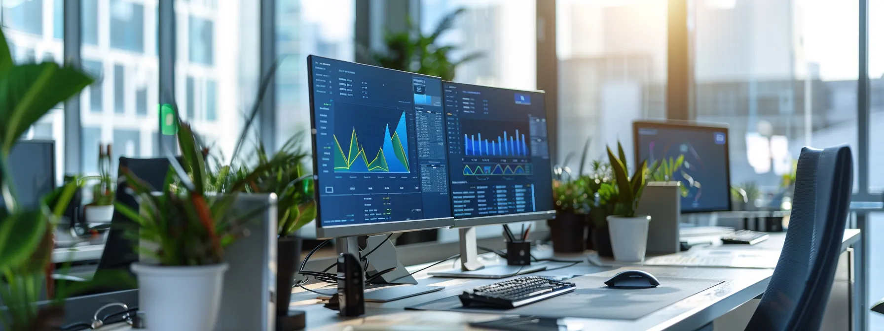 a sleek, modern office environment featuring multiple computer screens displaying vibrant data flow graphs and network diagrams, emphasizing the clarity and efficiency of baseband technology in digital communications.