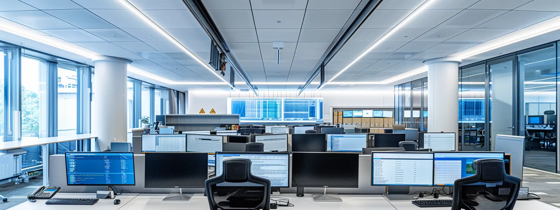 a sleek, modern office environment showcases multiple computer monitors displaying lines of bash code and command outputs, with a focused professional analyzing data and configurations, illuminated by bright overhead lights for a dynamic tech atmosphere.
