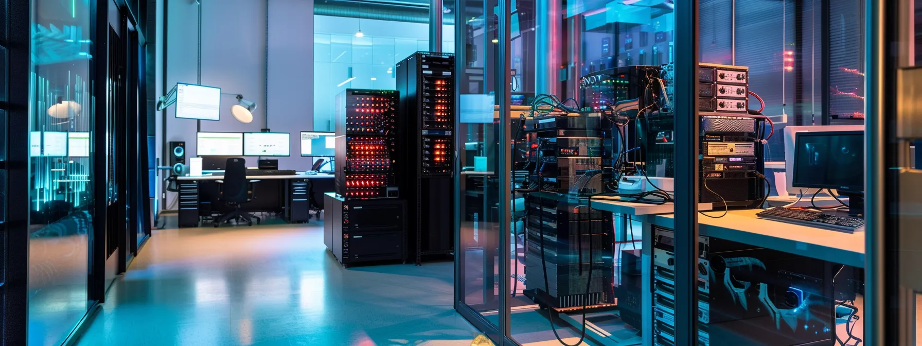 What is beamforming? 11 a sleek, modern office environment showcases intricate antennas and high-tech equipment illuminated by cool, focused lighting, emphasizing the advanced technology of beamforming in wireless communication.