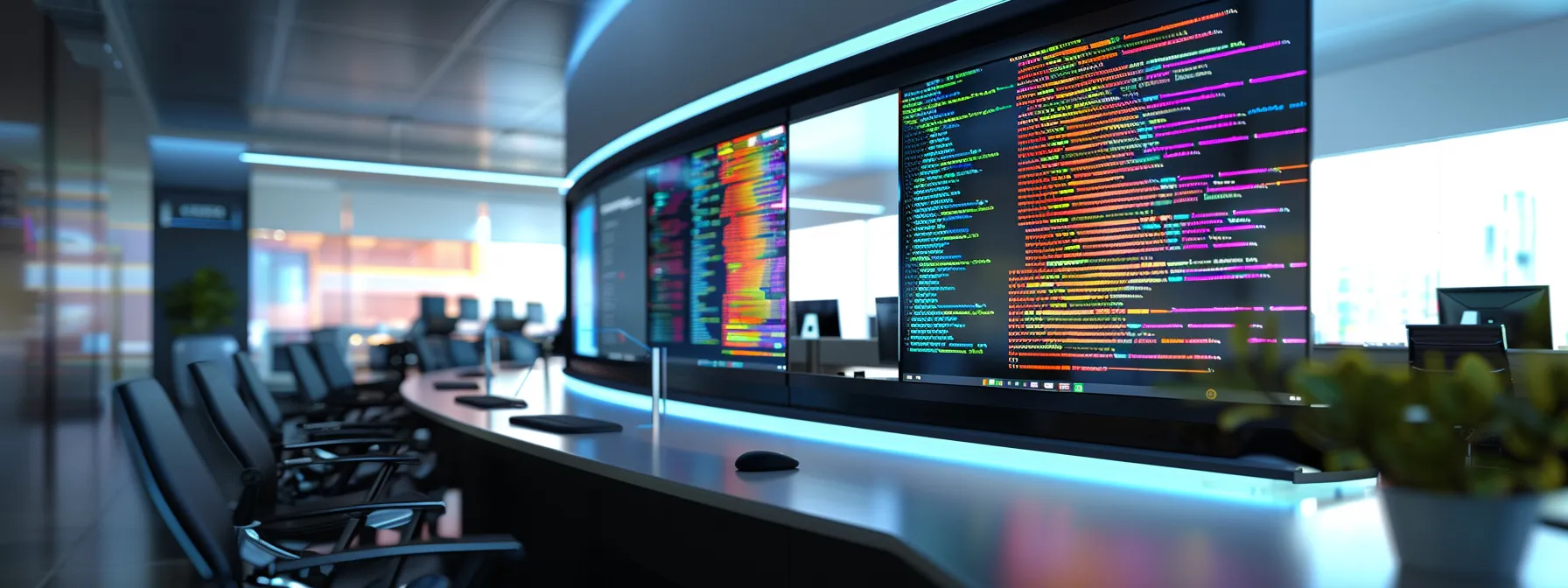 a sleek, modern office environment showcases a large computer screen displaying a vibrant batch file script, with colorful code snippets dynamically highlighting key commands, reflecting the precision and efficiency of automated task management.