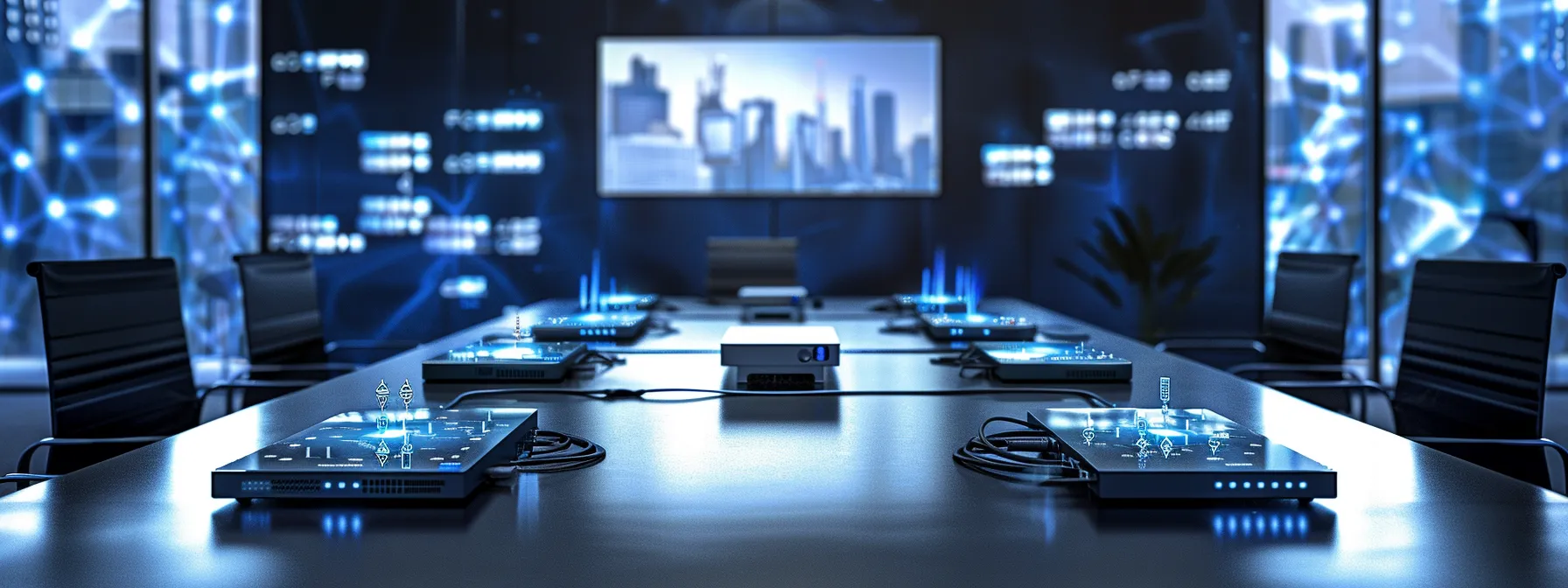 a sleek, modern office environment features an array of diverse base station models&mdash;macro, micro, pico, and femtocells&mdash;displayed on a polished conference table, highlighting their technological intricacies amid a backdrop of digital screens showcasing 3g to 5g signal transmission.