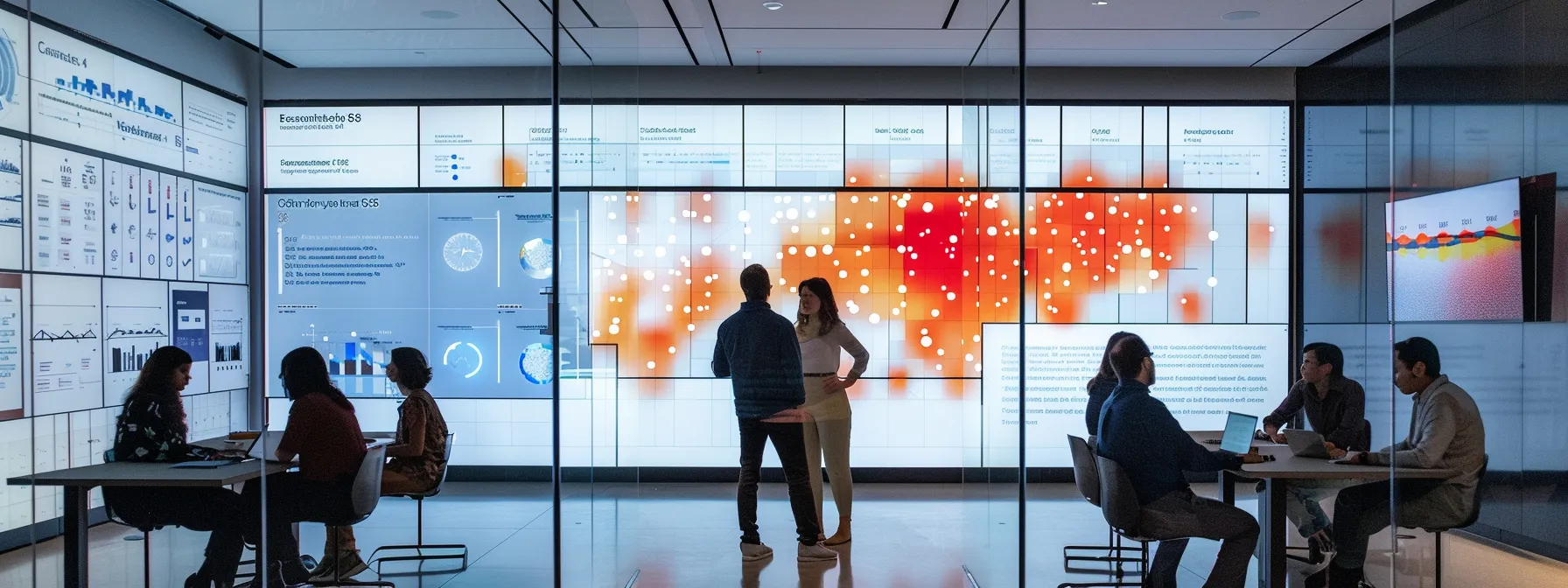 a sleek, modern office environment features professionals engaged in a dynamic discussion around a digital display showcasing real-time analytics of behavior-based security, with abstract graphs and data visualizations illuminating their strategic planning.
