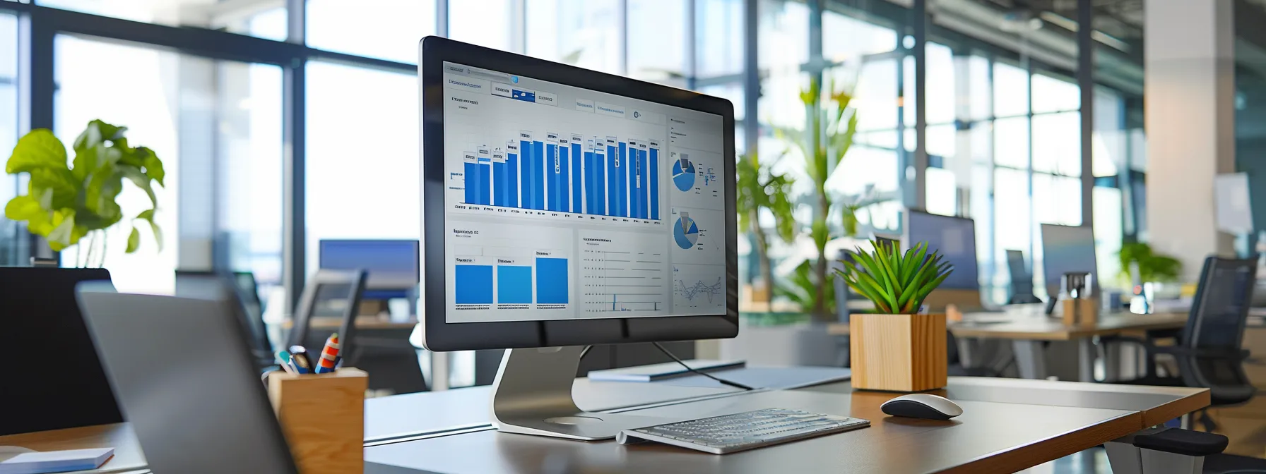 a sleek, modern office environment displays a glowing computer monitor showcasing security analytics, with a digital dashboard highlighting real-time email system updates and alerts against a backdrop of streamlined workstations, emphasizing the importance of cybersecurity in business communications.