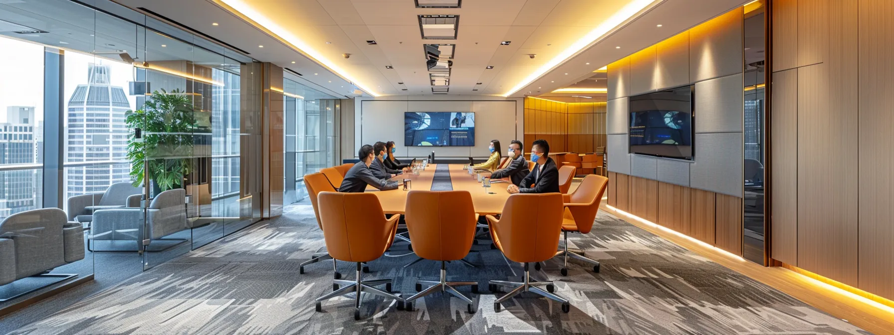 a sleek, modern office setting showcases professionals engaged in a dynamic discussion around a digital display of regulatory frameworks, emphasizing the vital intersection of compliance and security in business operations.