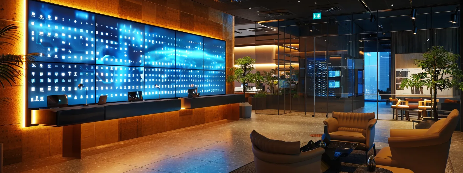 a sleek, modern office setting with professionals engaged in a dynamic discussion around a digital screen displaying b2b2c strategies, illuminated by strategic lighting to emphasize the importance of efficient management and emotional engagement in business practices.