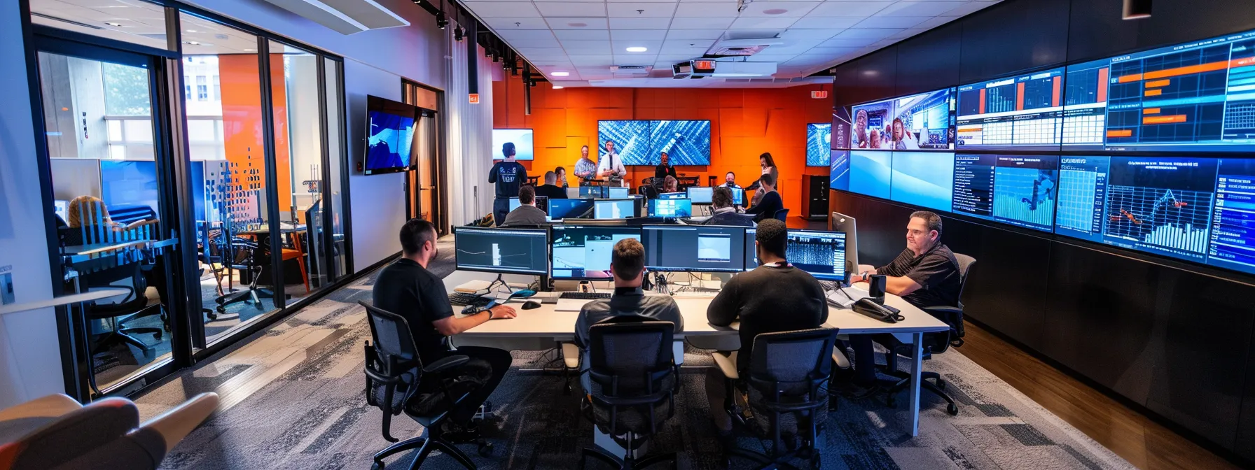 a sleek, modern office setting featuring a focused team engaged in a strategic meeting, surrounded by detailed charts and digital displays showcasing b2b pricing models and profit optimization strategies.