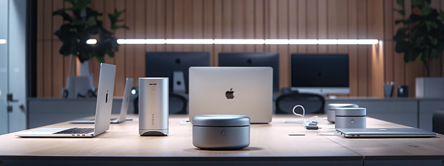 a sleek, modern office setup showcases a meticulously arranged array of apple networking devices, including an airport extreme and time capsule, with a laptop displaying configuration settings on a sharp, backlit screen, conveying a sense of advanced technology and streamlined connectivity.