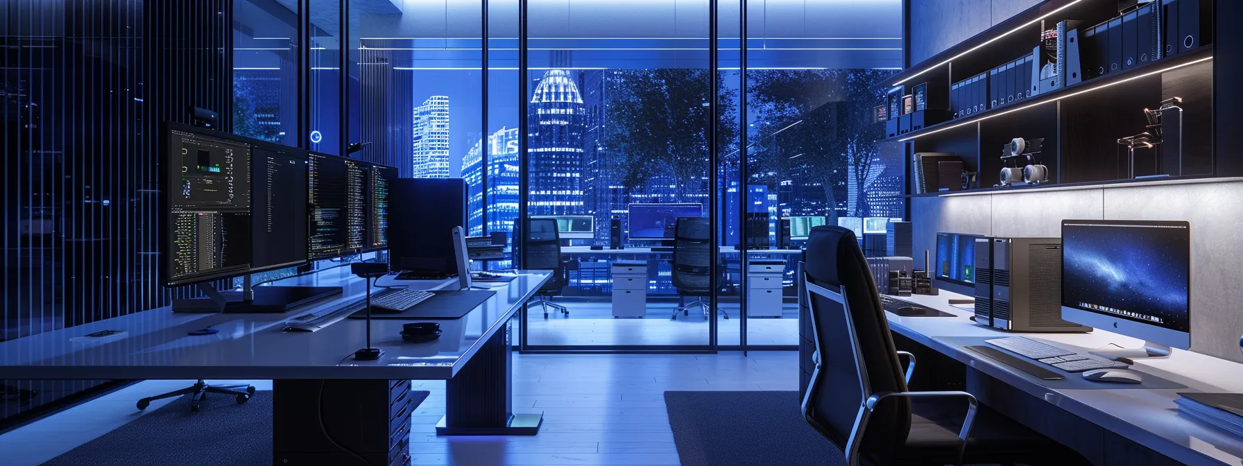 a sleek, modern office space is illuminated by cool, ambient lighting, showcasing an array of high-tech backup storage devices on a polished desk, emphasizing their advanced features like sleek design, connectivity options, and performance indicators.