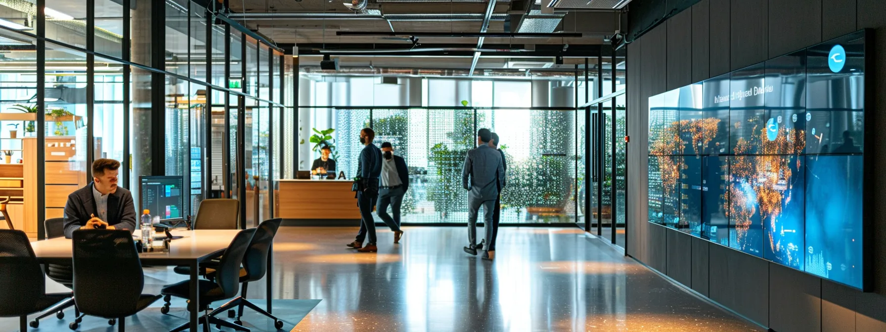 a sleek, modern office space featuring a large digital screen displaying complex data visualizations related to baseband technology, surrounded by it professionals engaged in intense discussions about signal behavior and system integrations.