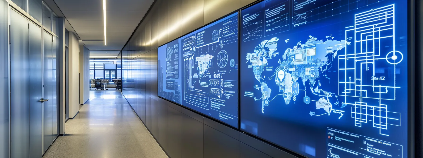 a sleek, modern office space showcases a digital display board featuring detailed, vibrant infographics that illustrate the distinct roles and functions of modems, baseband units, and transceivers in telecommunications, resembling a dynamic tech conference presentation.